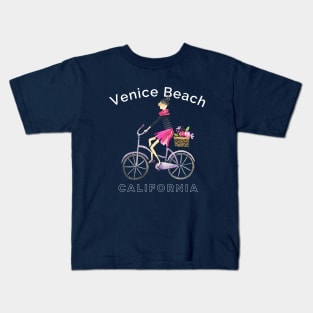 Venice Beach California Watercolor Bicycling French Girl Woman Kids T-Shirt